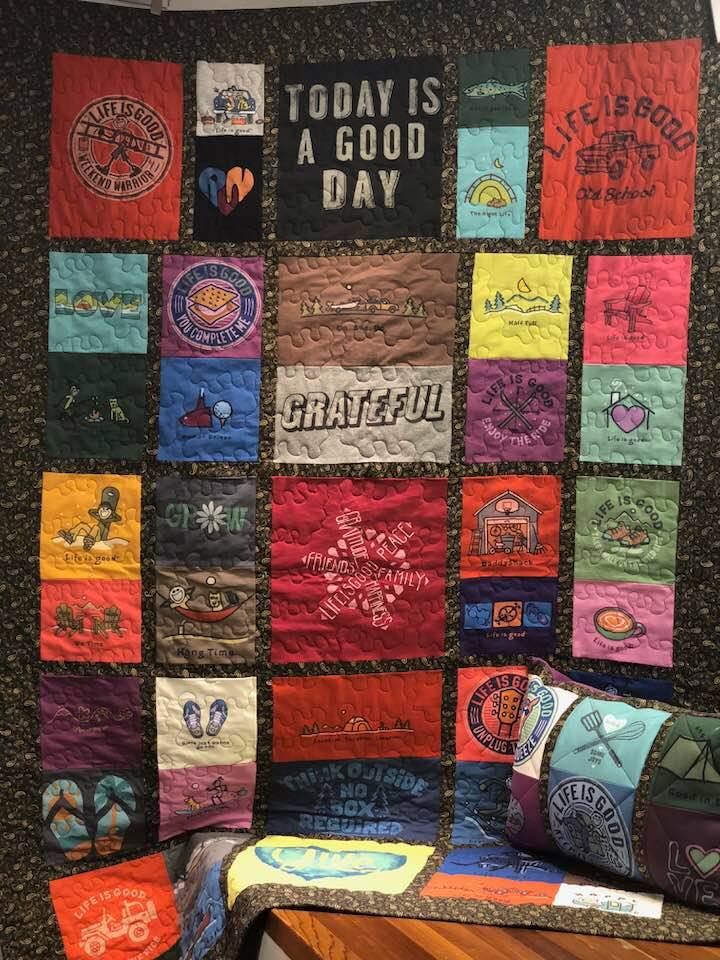 One-of-a-kind Life is good Tee shirt quilt for The Children's Wish Foundation