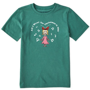 Kids Short Sleeve Tee-Grinch All I Want (Cindy Lou Who)