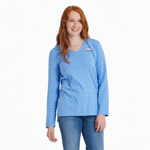 Women's Long Sleeve Striped Hooded Crusher Tee - Sun Rainbow Cornflower Blue