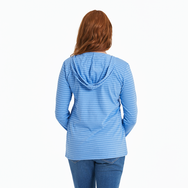 Women's Long Sleeve Striped Hooded Crusher Tee - Sun Rainbow Cornflower Blue