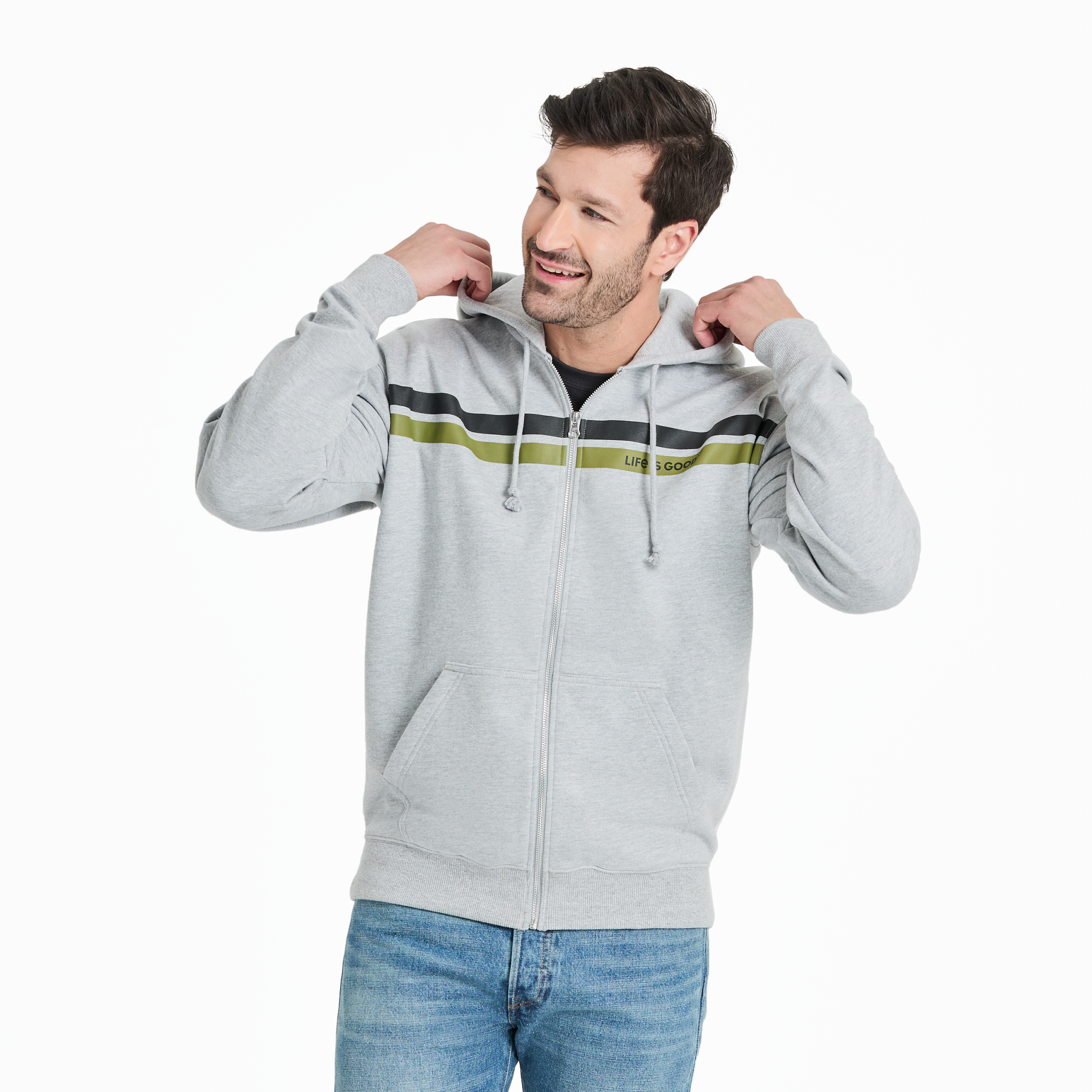 Men's Good Vibes Fleece Zip Hoodie - Two Striped Block (Heather Gray)