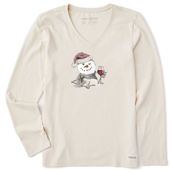 Women's Long Sleeve Crusher Vee - Snowman With Red Wine