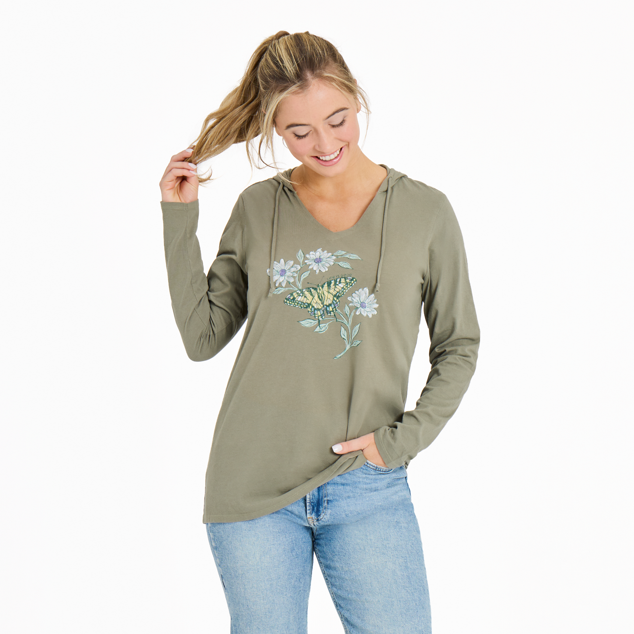 Women's Long Sleeve Striped Crusher-LITE Hooded Tee - Tiger Butterfly