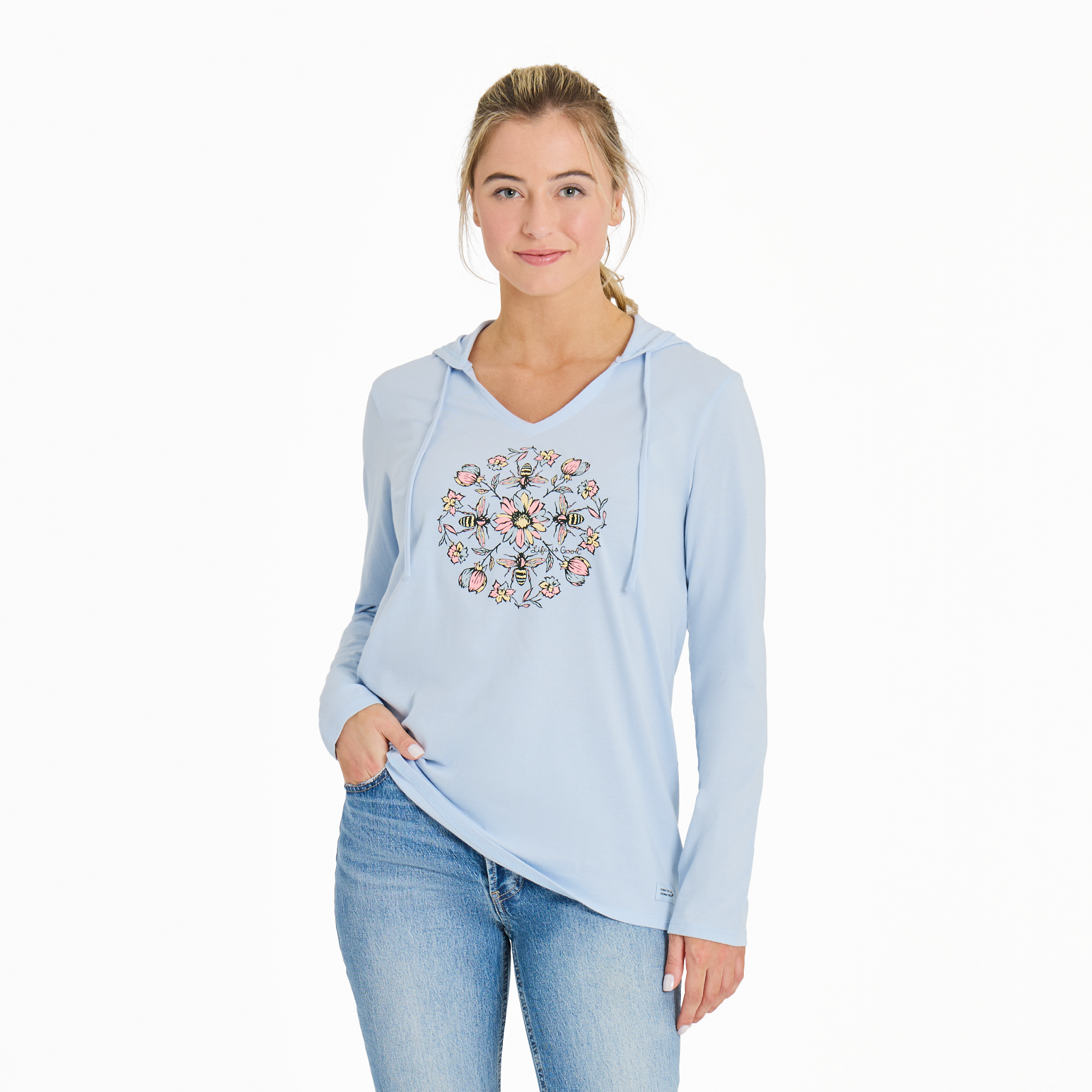 Women's  Long Sleeve Striped Crusher-LITE Hooded Tee - Floral Bee