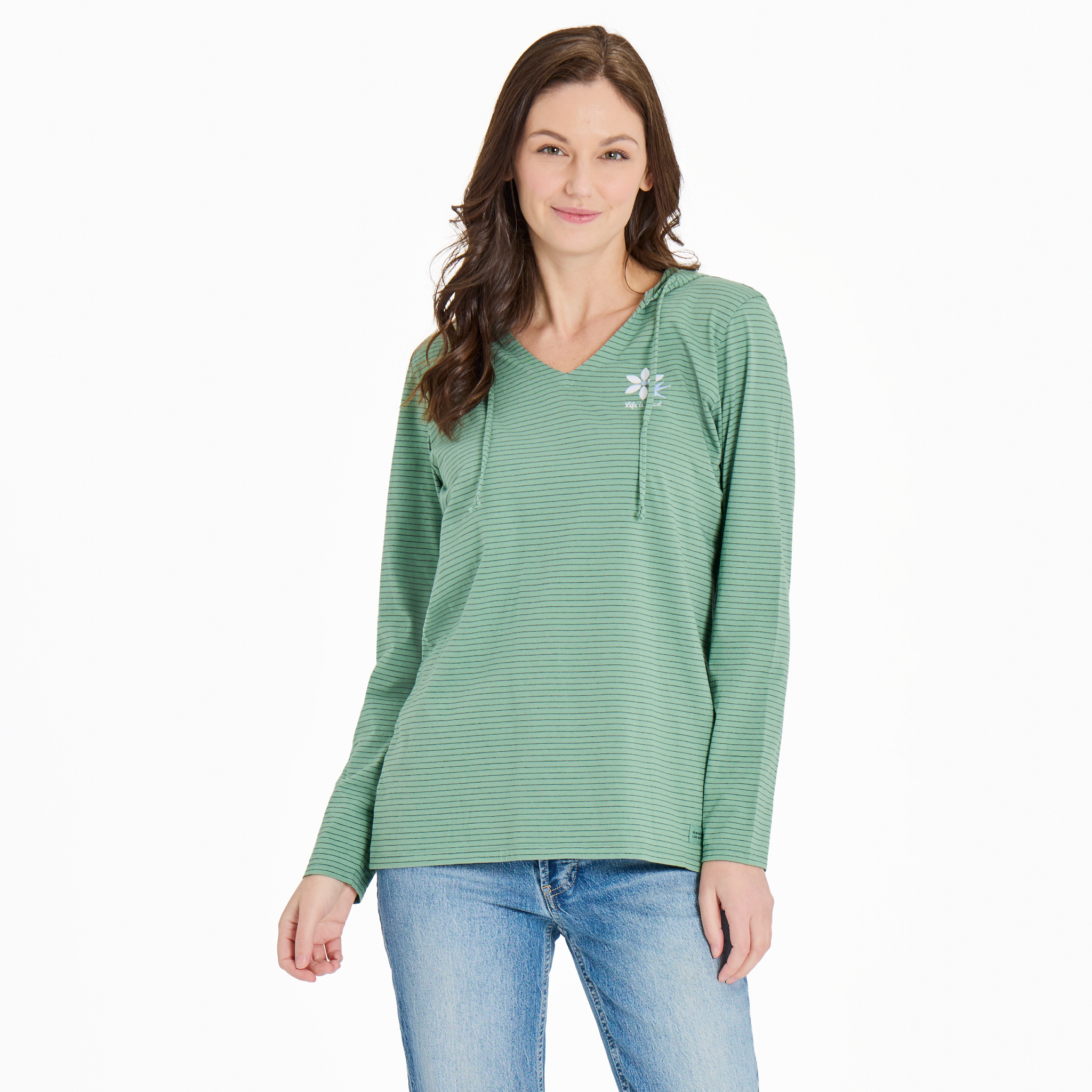 Women's  Long Sleeve Striped Crusher-LITE Hooded Tee - Hummingbird Flower