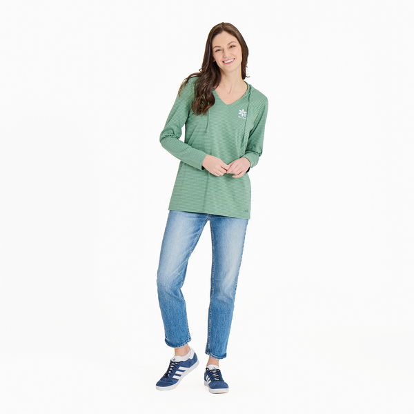 Women's  Long Sleeve Striped Crusher-LITE Hooded Tee - Hummingbird Flower