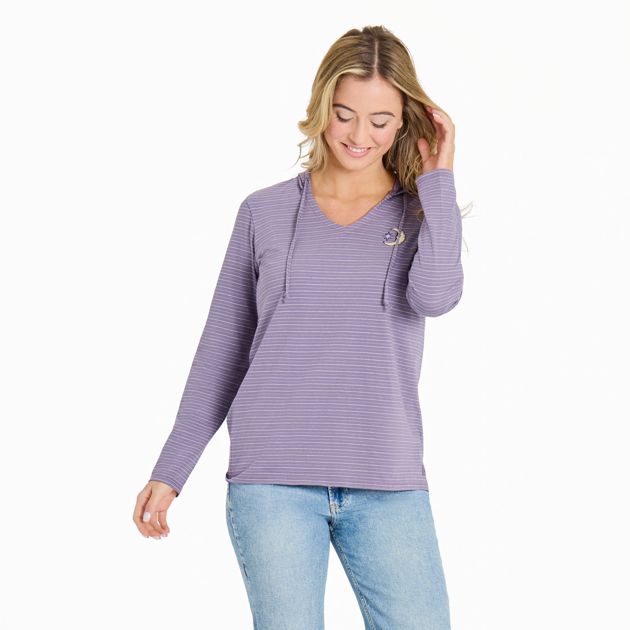 Women's  Long Sleeve Striped Crusher-LITE Hooded Tee - Moon and Star