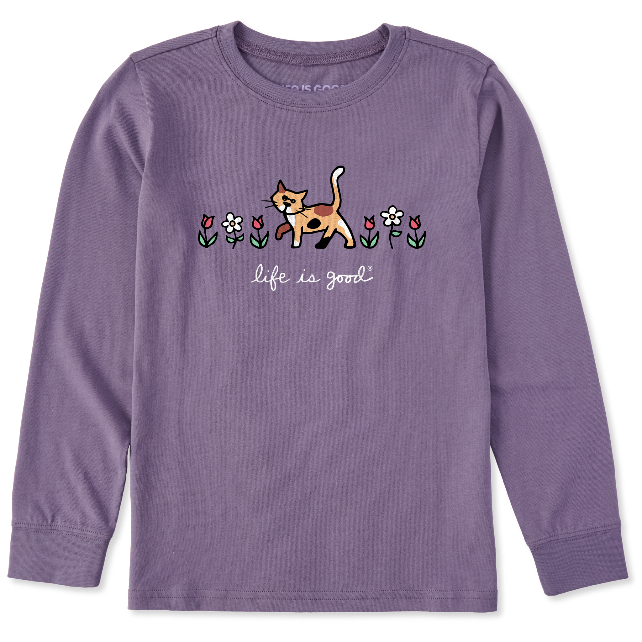 Kids Crusher Long Sleeve Tee - Cat with Flowers
