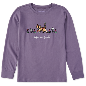 Kids Crusher Long Sleeve Tee - Cat with Flowers