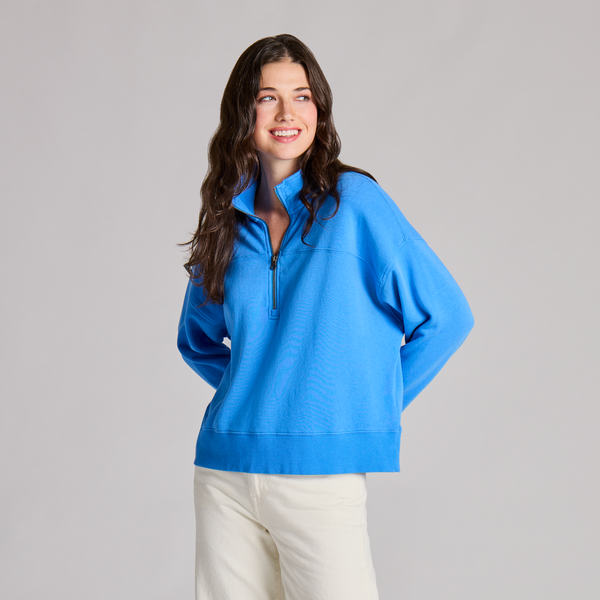 Women's French Terry Boxy Quarter Zip - Athletic Blue