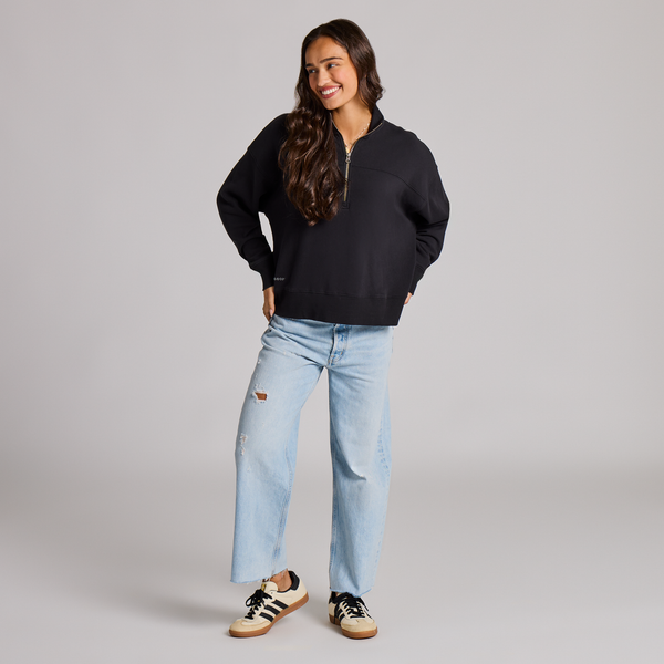 Women's French Terry Boxy Quarter Zip - True Black
