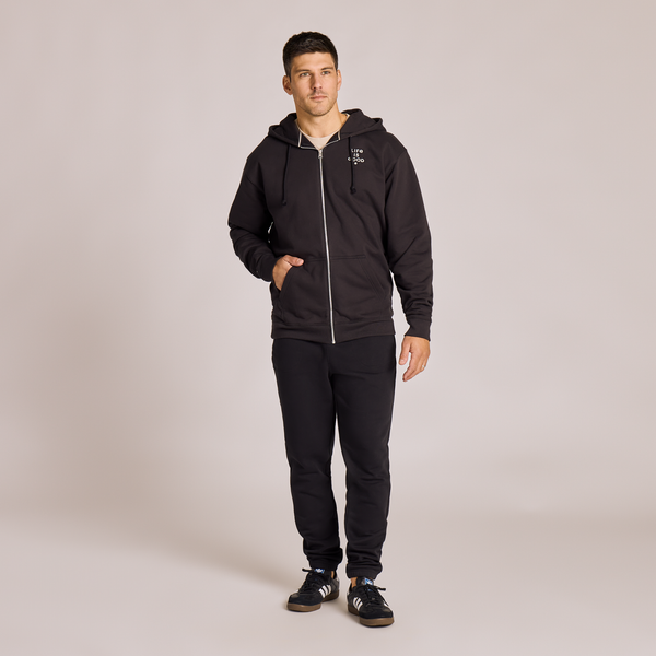 Men's Good Vibes Fleece Zip Hoodie - LIG Word Stack (Black) - Life is Good Westport, Canada