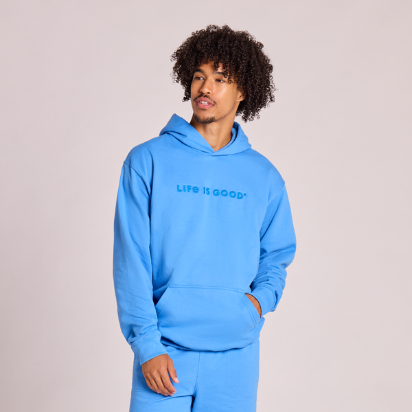 Men's Good Vibes Fleece Hoodie - LIG Wordmark (Athletic Blue) - Life is Good Westport, Canada
