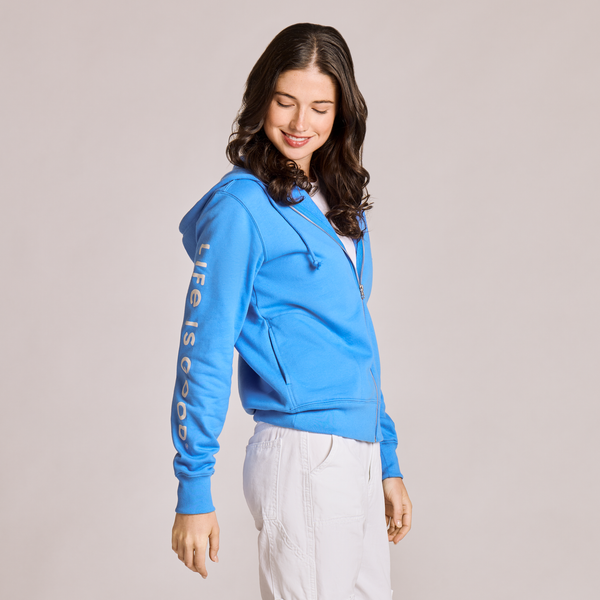 Women's Good Vibes Fleece Zip Hoodie - LIG Sleeve Stack (Athletic Blue) - Life is Good Westport, Canada