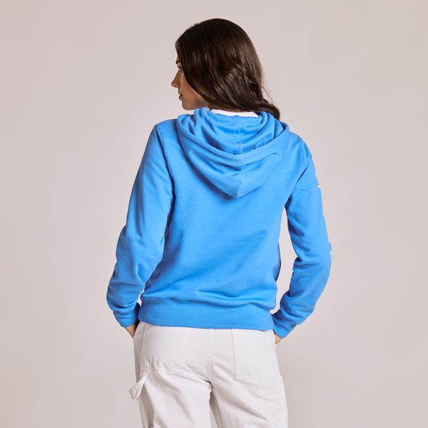 Women's Good Vibes Fleece Zip Hoodie - LIG Sleeve Stack (Athletic Blue) - Life is Good Westport, Canada