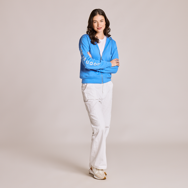 Women's Good Vibes Fleece Zip Hoodie - LIG Sleeve Stack (Athletic Blue) - Life is Good Westport, Canada