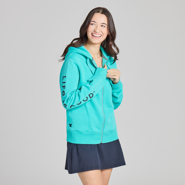 Women's Good Vibes Fleece Zip Hoodie - LIG Sleeve Stack (Turquoise) - Life is Good Westport, Canada