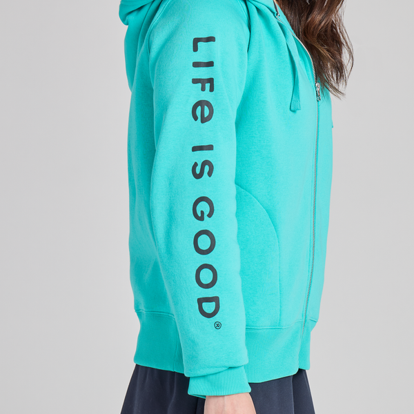 Women's Good Vibes Fleece Zip Hoodie - LIG Sleeve Stack (Turquoise) - Life is Good Westport, Canada