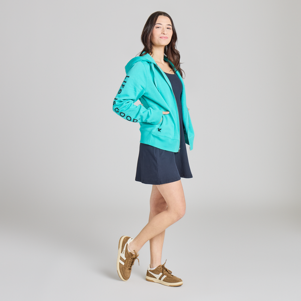 Women's Good Vibes Fleece Zip Hoodie - LIG Sleeve Stack (Turquoise) - Life is Good Westport, Canada