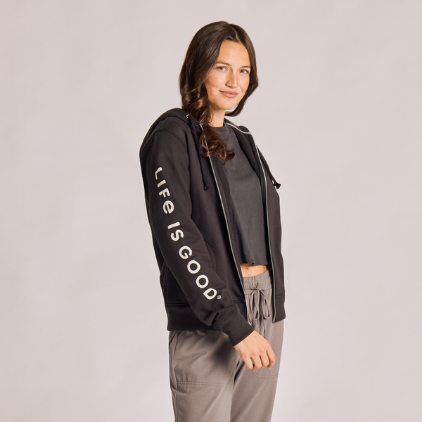 Women's Good Vibes Fleece Zip Hoodie - LIG Sleeve Stack (Black) - Life is Good Westport, Canada