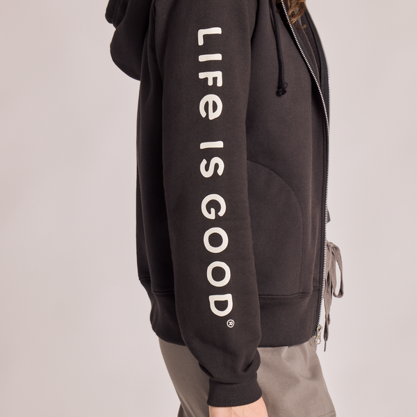 Women's Good Vibes Fleece Zip Hoodie - LIG Sleeve Stack (Black) - Life is Good Westport, Canada