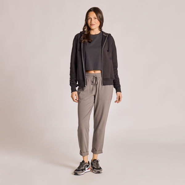 Women's Good Vibes Fleece Zip Hoodie - LIG Sleeve Stack (Black) - Life is Good Westport, Canada
