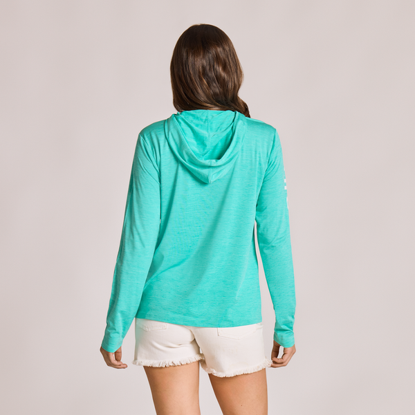 Women's Long Sleeve Hooded Sun Crusher-Life is Good Turquoise Green