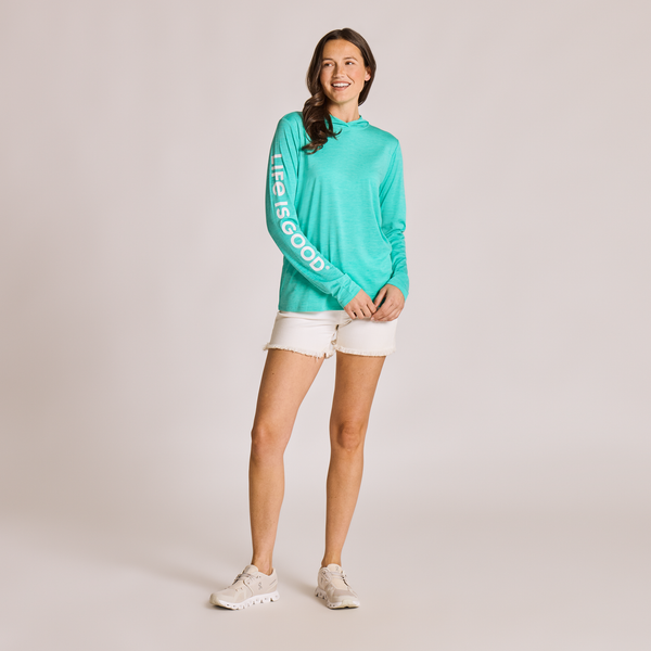 Women's Long Sleeve Hooded Sun Crusher-Life is Good Turquoise Green