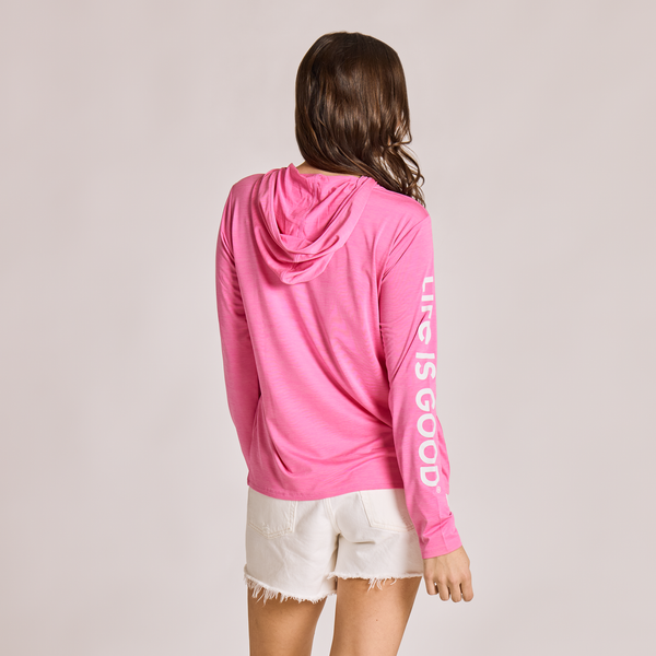 Women's Long Sleeve Hooded Sun Crusher-Life is Good Watermelon Pink
