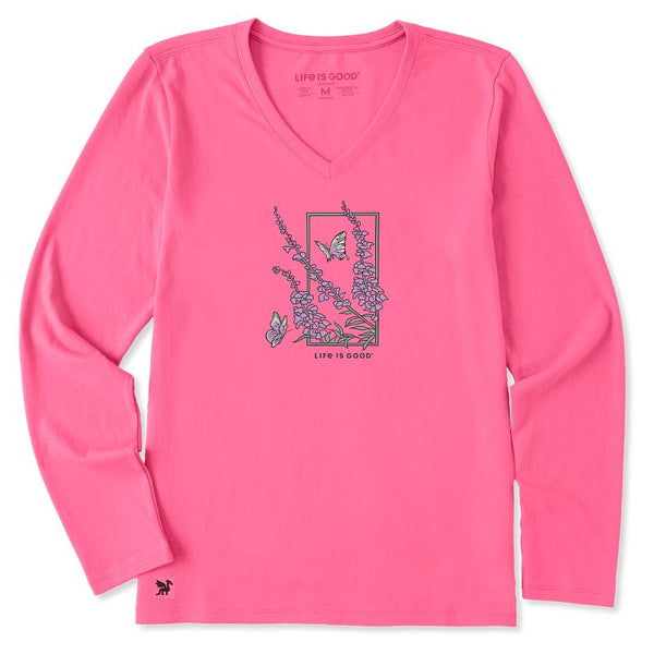 Women's Long Sleeve Crusher Vee - Larkspur Flower Frame