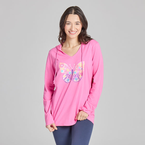 Women's  Long Sleeve Crusher-LITE Hooded Tee - Floral Butterfly Tie Dye