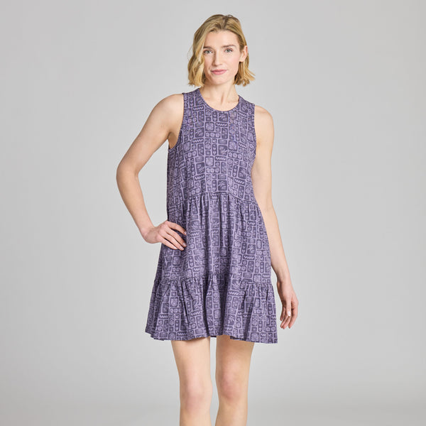 Women's  Tiered Tank Dress - Woodblock Icon Pattern