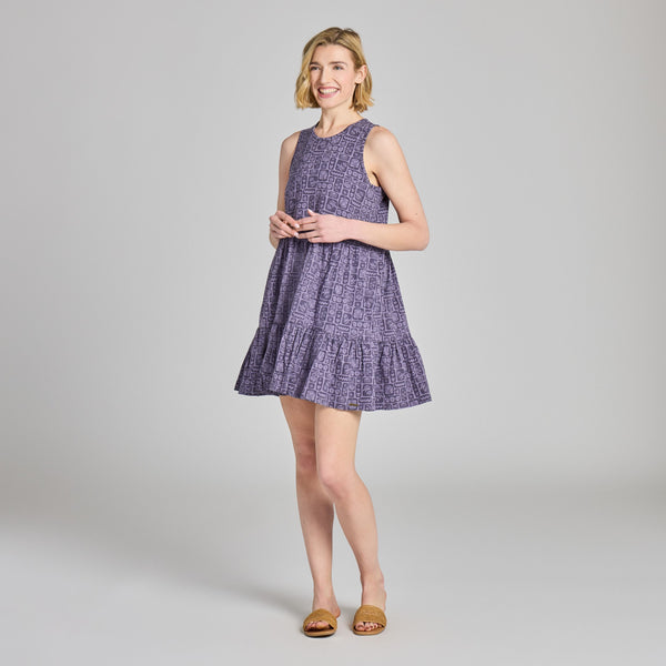 Women's  Tiered Tank Dress - Woodblock Icon Pattern