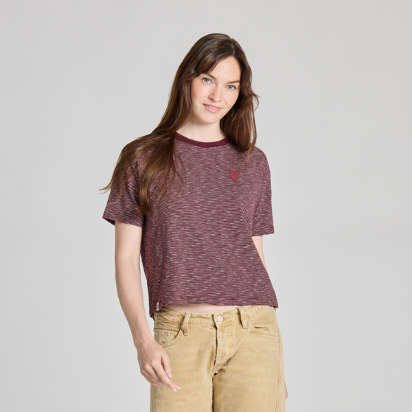 Women's Crusher Striped Boxy Tee - Dragon Eye Heart (Deep Burgandy)