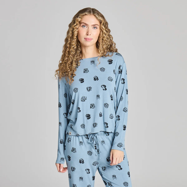 Women's Lightweight Boxy Long Sleeve Sleep Tee -  Dog Portrait Pattern