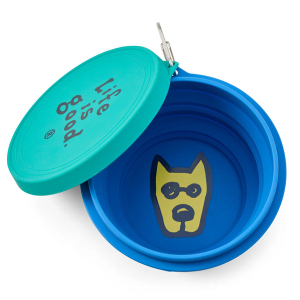 Silicone Travel Dog Bowl with Lid - Rocket Face