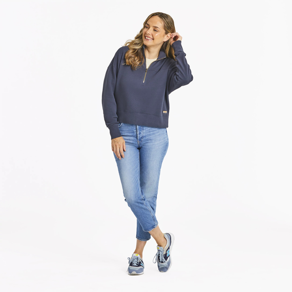 Women's French Terry Boxy Quarter Zip - Inkwell Blue